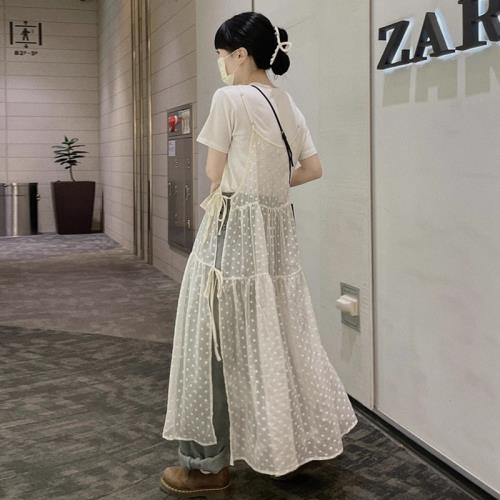韓國chic春季小眾減齡輕薄刺繡波點側邊系帶寬松休閑吊帶連衣裙女