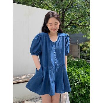 chic夏季單排扣寬松牛仔連衣裙