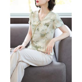 新中式媽媽夏裝真絲套裝40歲洋氣新款中老年女裝國風短袖T恤上衣