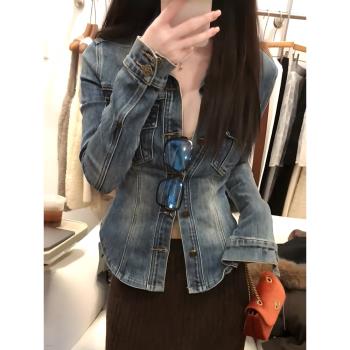 美式復古藍色polo領修身牛仔襯衫女秋冬季高階感收腰顯瘦外套上衣