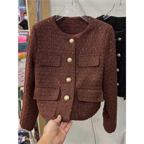 法式小香風粗花呢外套女圓領西裝2024秋季新款洋氣名媛風短款上衣