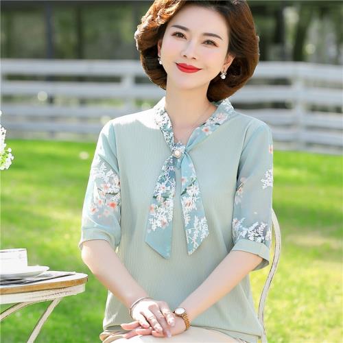 中年媽媽夏裝冰絲T恤洋氣短袖40-50歲中老年春秋氣質女裝紗袖上衣
