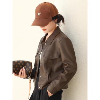 棕色皮衣外套女款2025新款爆款開春秋高階感機車小個子短款皮夾克