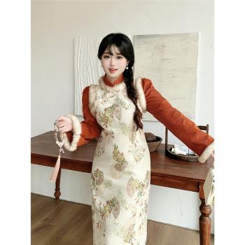 嬌小喬胖mm復古國風新中式女裝大碼顯瘦改良旗袍假兩件提花連衣裙