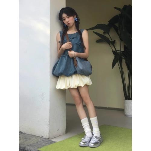 夏裝搭配一整套連衣裙法式蝴蝶結無袖牛仔上衣花苞半身裙兩件套裙