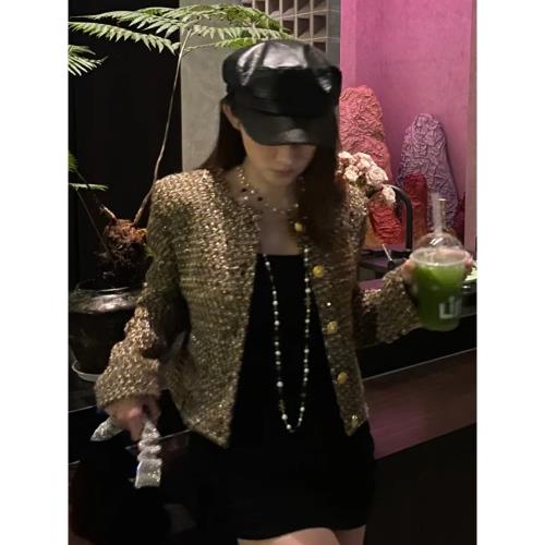FFmiss◆小香風金色編織亮絲羊毛呢短外套女法式單排扣粗花呢開衫