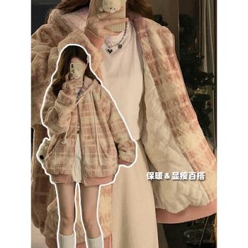 胖mm大碼女裝粉色毛絨棉服女春秋學院風加厚棉衣胖mm格子連帽外套