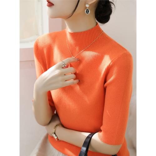 春秋新款高級橘色半高領修身針織內搭上衣女法式慵懶風中袖打底衫