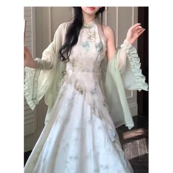 青青子衿 氣質婉約新中式國風不規則掛脖旗袍連衣裙夏季仙女套裝
