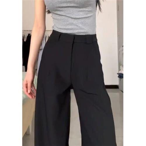 黑色西裝褲女寬松高腰垂感直筒休閑拖地長褲窄版闊腿褲子春季潮牌