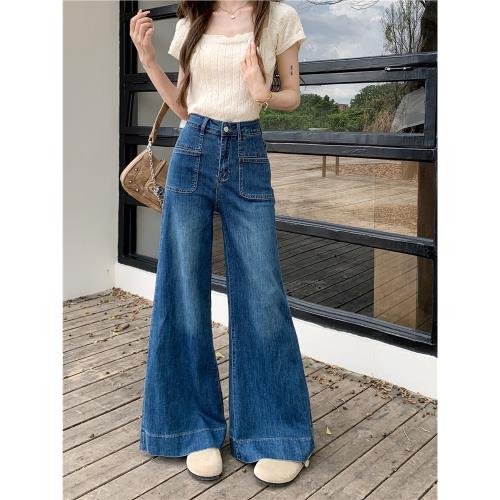 PPHOME雅痞格局~深藍色口袋微喇牛仔褲女高個子復古闊腿拖地長褲