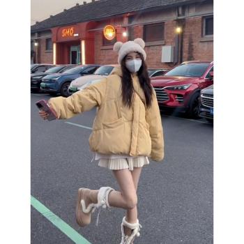 奶黃色連帽麵包棉服外套女裝冬季加厚保暖小個子2024新款減齡棉襖