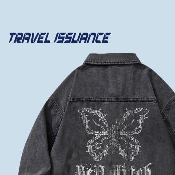 TRAVEL ISSUANCE 變異蝴蝶 潮牌街頭荊棘蝴蝶印花翻領牛仔外套bf