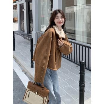 咖色皮毛一體羊羔毛外套女2025冬季新款短款加厚兩面穿麂皮絨上衣