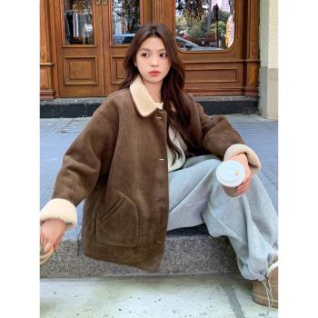 美拉德甜酷皮毛一體外套女2025秋冬新款復古羊羔毛兩面穿短款棉服