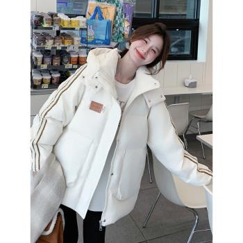 米白色學院風貼標羽絨棉服女2025冬季新款寬松連帽麵包服保暖棉衣