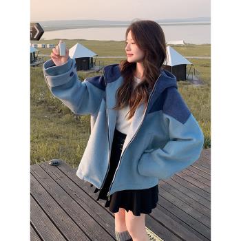 藍色設計感時尚拼接短款毛呢外套女2025秋冬新款小個子百搭呢大衣