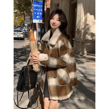 羊羔毛翻領格子毛呢外套女2025冬季新款韓系穿搭高階感加厚呢大衣