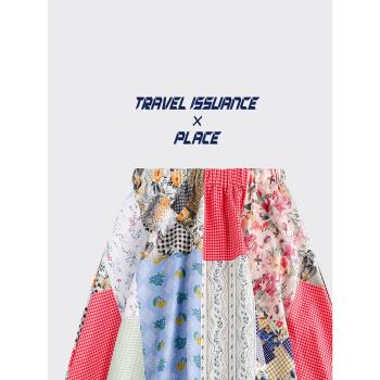 TRAVEL ISSUANCE 懶散正好 田園風小清新花色拼接格子長裙新款女