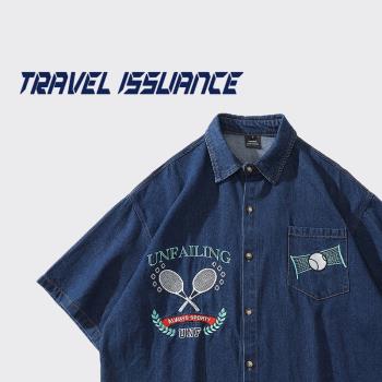 TRAVEL ISSUANCE打球不咯 美式復古趣味刺繡短袖寬松情侶牛仔上衣