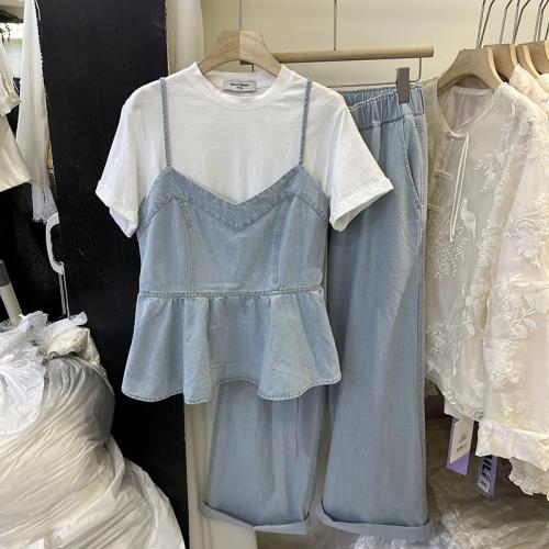 小個子牛仔吊帶背心t恤闊腿牛仔褲套裝女夏季新款2024時尚三件套