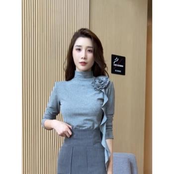 半高領立體花朵長袖T恤女春秋季新款修身顯瘦別致內搭打底衫上衣
