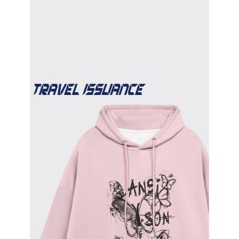 TRAVEL ISSUANCE 描繪蝴蝶 歐美個性塗鴉蝴蝶結男女寬松連帽衛衣
