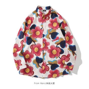 From Mars 好多朵花 日系原宿甜美油畫花朵潮牌寬松百搭長袖襯衫
