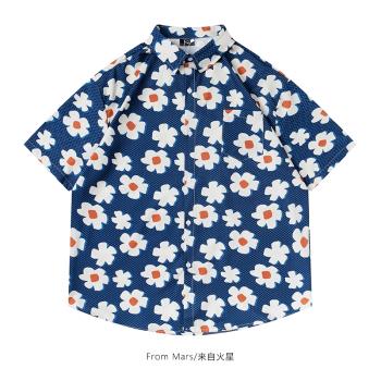 From Mars 藍底小白花塗鴉日系短袖百搭寬松小眾慵懶夏威夷風上衣