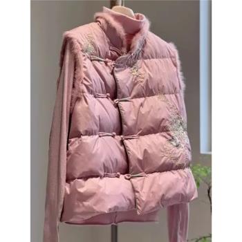 國風新中式刺繡背心羽絨棉服馬甲外套秋冬裝新款大碼女裝盤扣棉衣