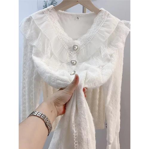 蕾絲木耳花邊紗網加絨打底衫襯衫女顯瘦遮肉減齡外穿小香風襯衣V