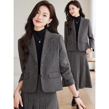 灰色短款西裝外套女高級2025新款春秋毛呢修身小個子休閑西服套裝