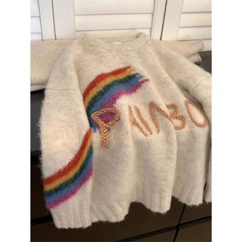 浣熊絨刺繡彩虹套頭毛衣女秋冬冬季加厚歐貨慵懶風羊絨針織打底衫