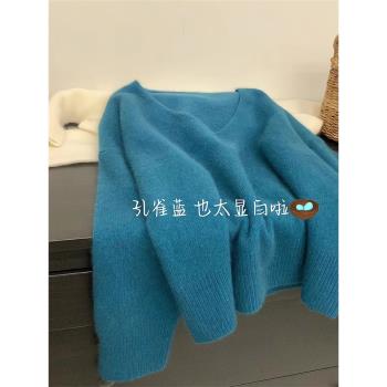 浣熊絨藍色v領套頭毛衣女秋冬季加厚外穿慵懶風軟糯內搭針織打底