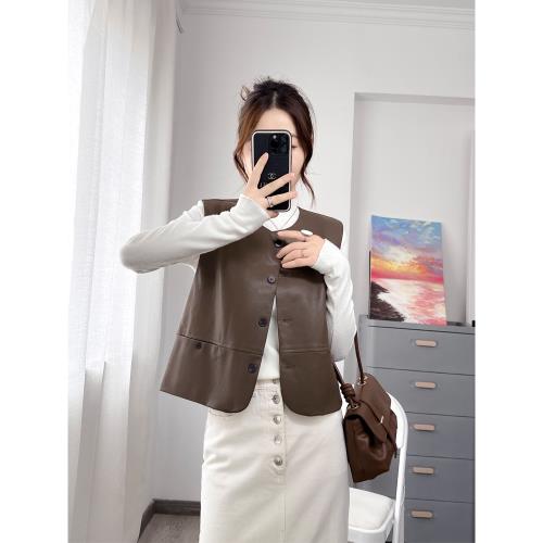 咖色pu皮衣馬甲外套女春新款休閑寬松坎肩背心百搭疊穿短款皮馬夾