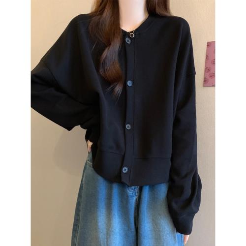 大碼女裝韓版遮肚子正肩打底衫女春秋胖妹妹寬松顯瘦黑色開衫外套