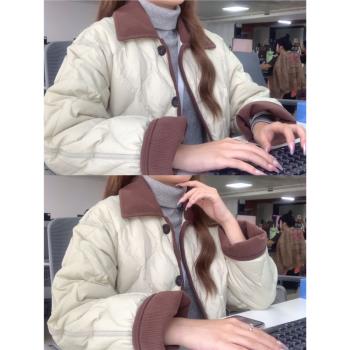 撞色翻領燈芯絨菱格羽絨服外套女冬季韓版ins小香風寬松保暖棉衣