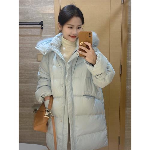 法式小清新藍色毛領羽絨棉服女冬季高級感中長款加厚保暖棉衣棉襖