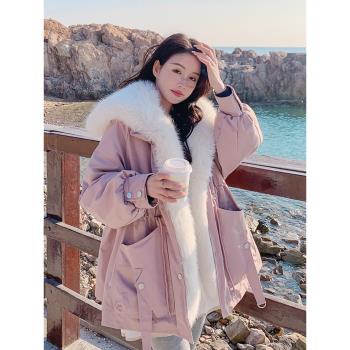 大毛領粉色派克羽絨棉服女冬季加絨加厚2025今年流行收腰外套炸街