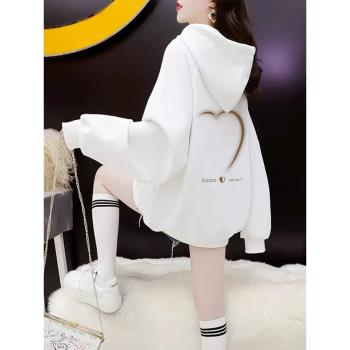 大碼女裝重磅白色連帽衛衣女2025春秋新款韓版休閑中長款寬松上衣