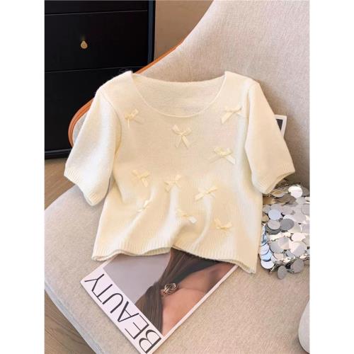 廣州十三行高質量女裝針織短袖春夏立體蝴蝶結花朵百搭圓領上衣