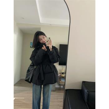 韓系穿搭黑色立領羽絨棉服女冬季小個子收腰系帶加厚保暖棉衣棉襖