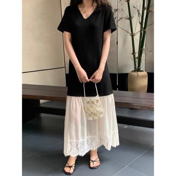 韓國chic夏季優雅氣質V領寬松撞色拼接歐根紗蕾絲花邊短袖連衣裙