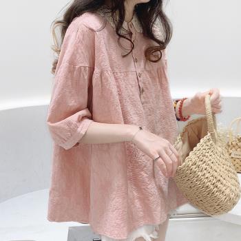 2025夏季新款韓版寬松顯瘦蕾絲娃娃領棉麻上衣女短袖甜美襯衫森系