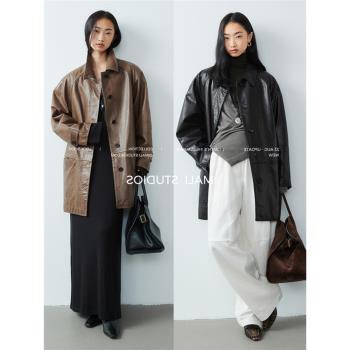 2025新款古著VTG土耳其蠟變羊羔皮復古翻領廓形真皮皮衣外套女