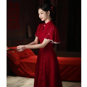 春季紅色蕾絲大碼敬酒服顯瘦遮肚胖mm訂婚新娘拍照200斤可穿禮服