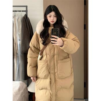 法式中長款毛領外套過膝羽絨棉服