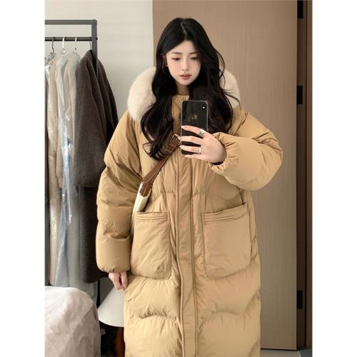 法式中長款毛領羽絨棉服外套女冬季加厚保暖美拉德穿搭過膝大衣潮
