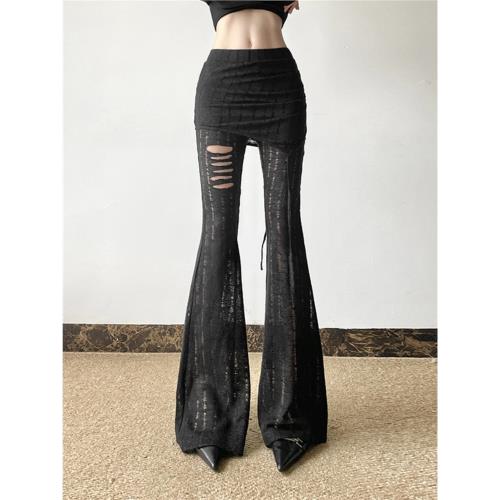 SylCue 拽酷辣妹風破洞鏤空微喇褲高腰顯瘦休閑褲純色百搭闊腿褲