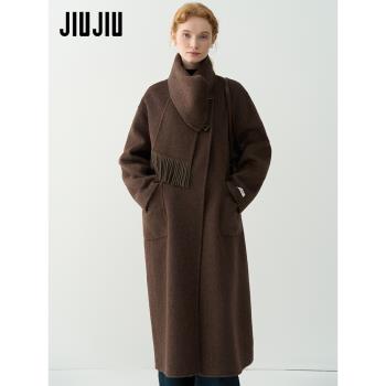 JIUJIU法式復古圍巾式羊毛大衣女冬季2025新款高階感氣質毛呢外套